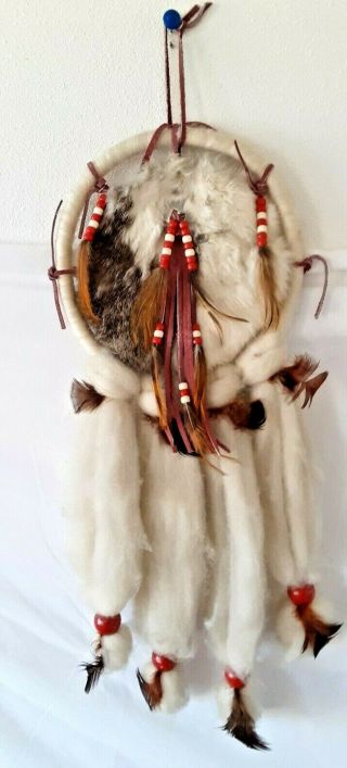 Vintage Hand Made Native American Dream Catcher Leather Feathers Fur Wool 9 "