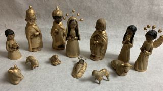 Vintage 13 Piece Hand Painted Gold Clay Nativity Set Made In Mexico