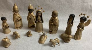 Vintage 13 Piece Hand Painted Gold Clay Nativity Set Made In Mexico 2