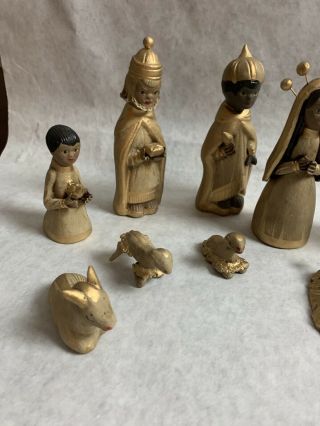 Vintage 13 Piece Hand Painted Gold Clay Nativity Set Made In Mexico 3