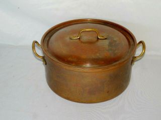 Vintage Pre - Owned Tin Lined Copper Pot With Lid And Brass Handles Portugal