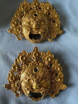 Vintage Asian Indian Tibetan Buddhist Goldtone Mask 0 Set Of 2