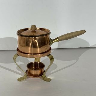 Vintage Copper With Wood Handle Pouring Tea Pot Stand Burner Sauce/butter Warmer
