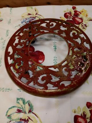 Vintage Ornate Rolling Brass Plant Stand/Cady Red Movable/ Wheels 2