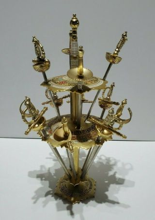 Vintage Brass Toledo Spain Swords Cocktail Appetizer 12 Picks With Stand (p3388)