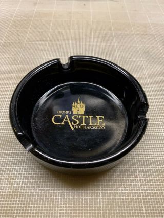 Trump Castle Hotel/casino Black Glass Ashtray W/gold Colored Letters,  Vintage