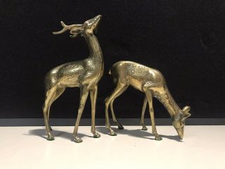 Set Of 2 Vintage Brass Deer Figurines,  Made In Hong Kong,  7 " X 5 ",