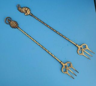 Vtg 2 English Solid Brass Toasting Forks W/long - Haired Cat & Lady Esmeralda