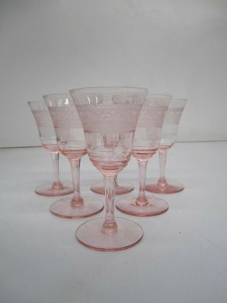 Set 6 Vtg Pink Cut Etched Depression Glass Drinking Glasses Stemware Goblet C