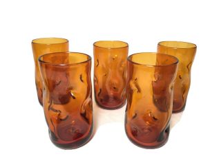 5 Vintage Blenko Orange Brown Glass Indented Dimple Pinched Tumblers Mcm