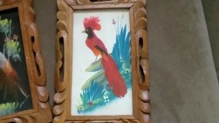 VINTAGE SET OF 2 - HAND CARVED WOOD FRAMES BIRD PICTURES W/REAL FEATHERS MEXICO 3