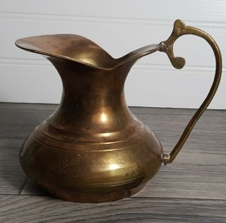 Vintage Small Solid Brass Pitcher 5” Tall X 6 " Across With Handle,  Ewer,  Vase