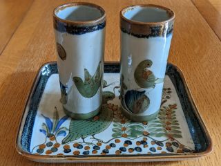 2 Vintage El Palomar Tonala Mexican Pottery Blue Bird Ken Edwards Vase With Tray
