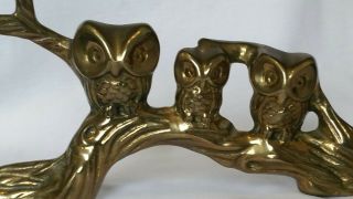 Vintage Mid Century 3 Owl Trio Heavy Brass Figurine Statue On Branch 7.  5 X 4 "