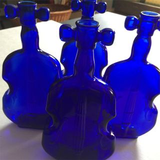 Vintage 4 Violin Shaped Cobalt Blue Glass Bottles Figural Window Light Catchers