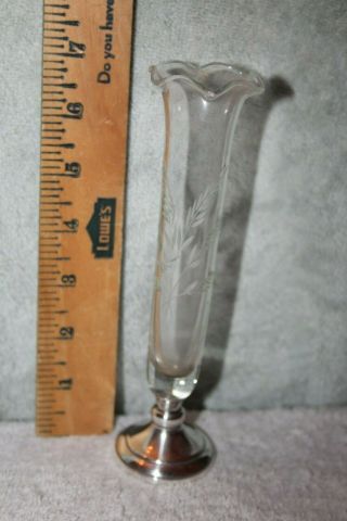 Web Sterling Silver And Crystal Bud Vase Etched Glass Ruffled Top 6 Inch
