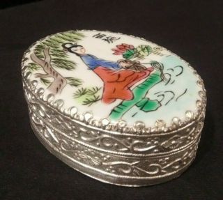 Vintage Chinese Porcelain Shard Mirror Trinket Box Silver Plated Lady Fishing