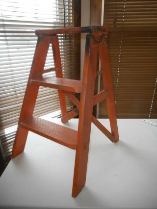 Vintage Wood 2 Step Ladder Primitive Rustic Farm House Country Barn Decor Orange