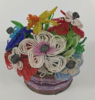 Vintage Handmade Glass Beaded Flower Arrangement Bouquet In Beaded Basket