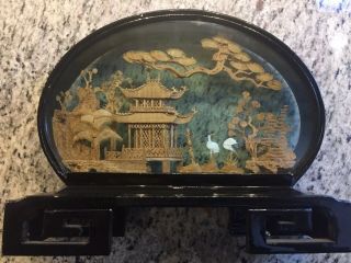 Vintage Oriental Carved Cork Diorama In Glass Case Cranes Pagoda Collectable Art