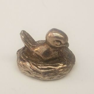 Vintage Bird In Nest Pewter Figurine Mini Miniature 1 " Wide 5/8 " Tall