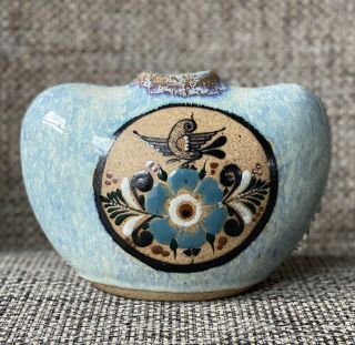 Vintage Tonala Mexico Ken Edwards Style Sand Clay Vase Bird & Flower Blue