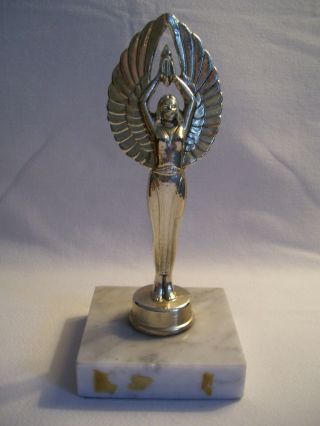 Vintage Trophy Gold Tone Metal Winged Woman W/torch On Marble Base