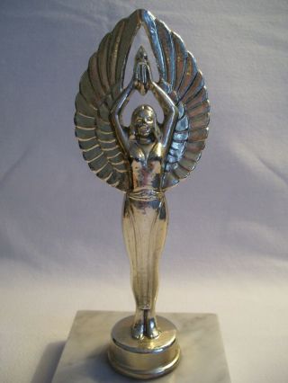 Vintage Trophy Gold Tone Metal Winged Woman w/Torch on Marble Base 2