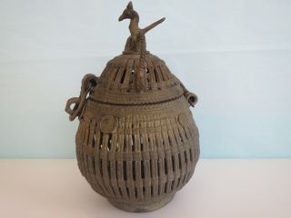 Vintage Bronzed Iron Decorative Pot W/ Lid Bird Finial,  Hinged Lid,  6.  5 " Tall