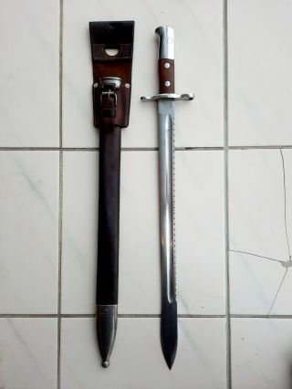 Swiss Pioneer Sawback Bayonet M1914 1939 With Leather Scabbard,  Frog
