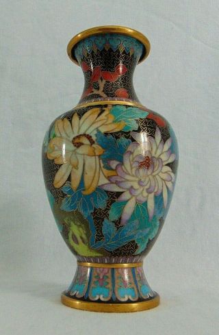 Cloisonne Jar Vase Urn Chinese Enamel Brass Vintage 8 " Floral Black