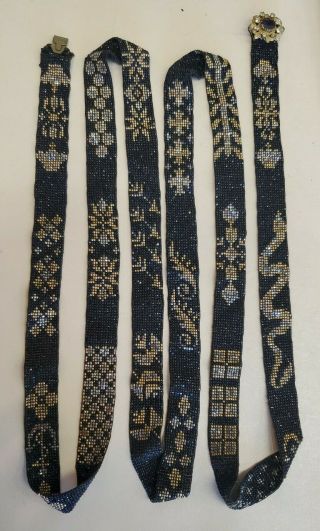 Antique Deco 20s Long Glass Bead Ribbon Necklace Gold Black Beads 58 "