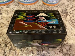 Vintage Musical Jewelry Box Black Lacquer Mother of Pearl Inlay Japan Hand Paint 2
