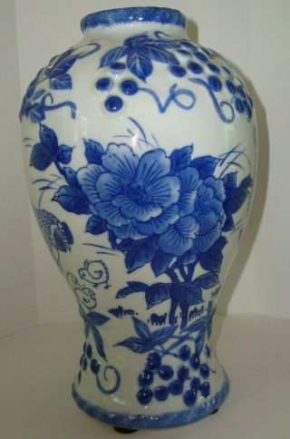 Vtg.  White & Blue Porcelain Asian Vase Chickens & Floral Signed
