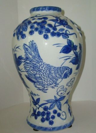 VTG.  White & Blue porcelain Asian Vase Chickens & Floral Signed 2