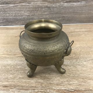 Vintage Brass Footed Pot/urn/vase With Handles Made In India 5 " Tall