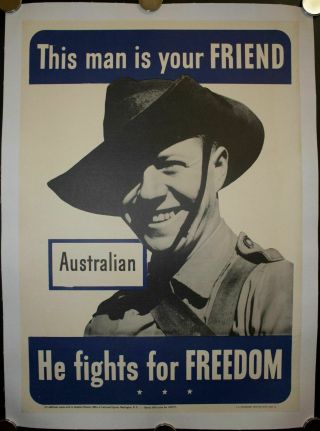 1942 This Man Is Your Friend He Fights For Freedom Australian 20.  5 X 14.  5 Poster