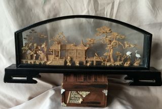 Vintage Oriental Carved Cork Diorama In Glass Case Cranes Pagoda Collectable Art