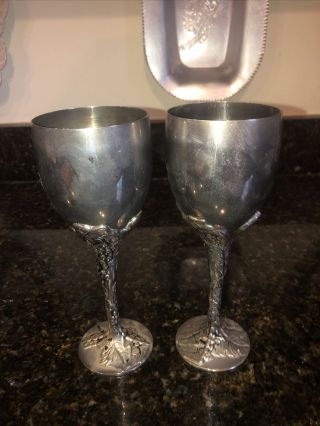 Vintage Godinger Silver Plated Goblet Wine Glass Set Grape Embossed Stem 7.  5”