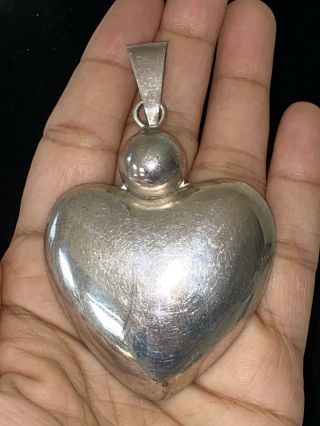 Vtg Mexico 925 Sterling Silver Large Heavy Heart Hollow Puffy Pendant 3 - 1/3”