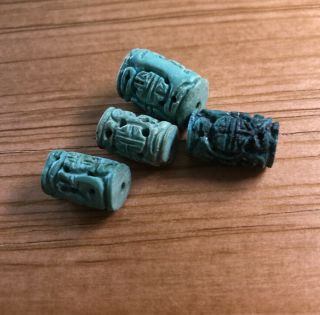 4 Vintage Old Stock Carved Chinese Turquoise Shou Beads 11 - 17mm