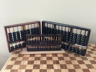3 Vintage Wood Abacus - Lotus Flower 9.  5”,  674950 10”,  Hong Kong 14”