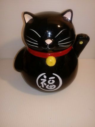 Beckoning Cat Maneki Neko Black Lucky Cat Hand Painted Ceramic Cookie Jar