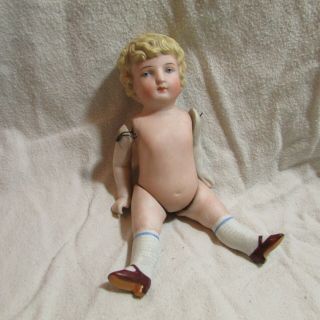 Vintage Collectible Bisque Porcelain Wire Jointed 5.  5 " Doll,  Blonde,  Blue Eyed