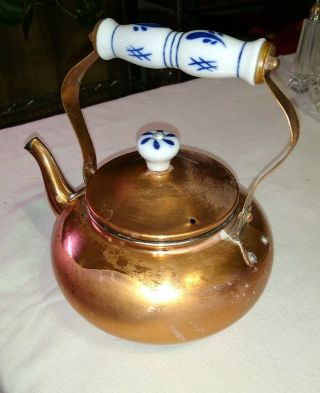Vintage Copper Tea Pot With Blue And White Ceramic Handle Vgc