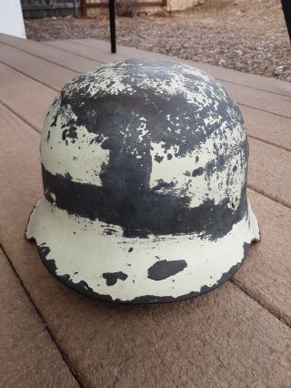 WW2 German M42 Steel Helmet w/ orig winter camo paint no insignia liner torn out 2