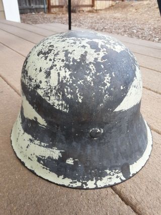 WW2 German M42 Steel Helmet w/ orig winter camo paint no insignia liner torn out 3