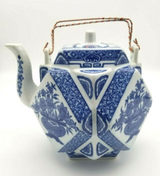 Vintage Chinese Porcelain Blue And White Teapot Dimensional Sides Pink Flowers
