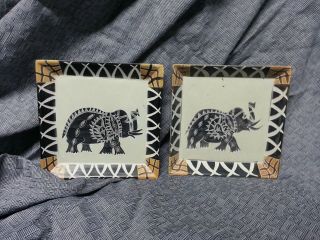 2 Etched Elephant Dishes Plates Kenya Africa Tusks Stone Or Ceramic