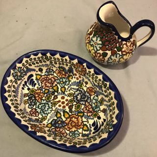 Talavera Handmade Hand - Painted Mexican Pottery Oval Bowl,  Creamer Size Pitcher